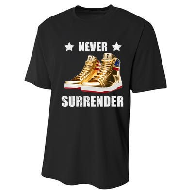 Trump Never Surrender Gold Sneakers Pro Trump 2024 Performance Sprint T-Shirt