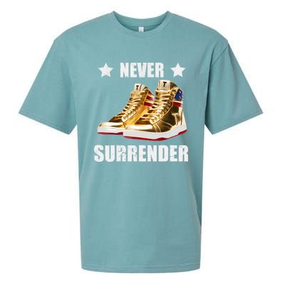 Trump Never Surrender Gold Sneakers Pro Trump 2024 Sueded Cloud Jersey T-Shirt