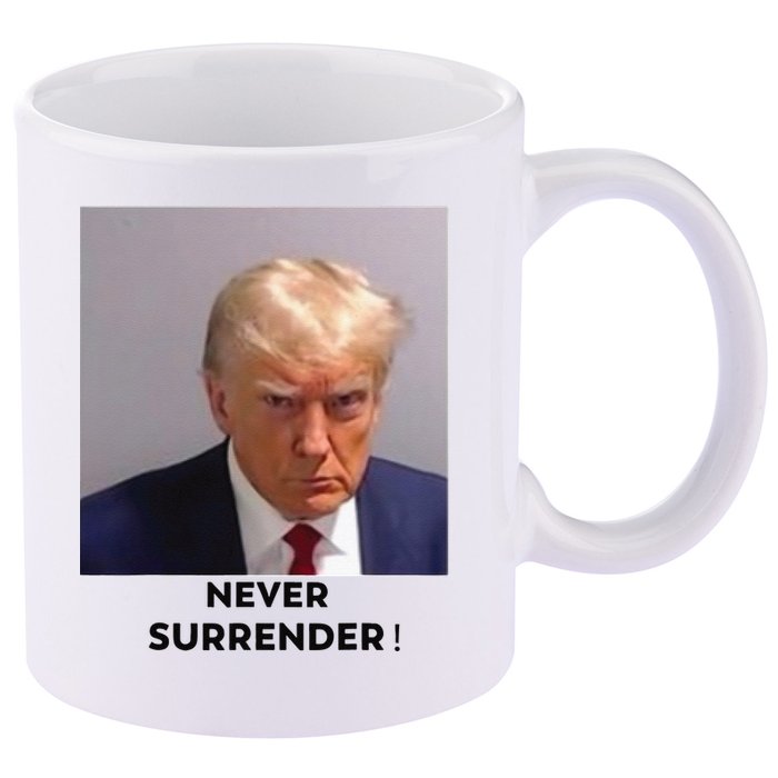Trump Never Surrender Mug Shot 11oz C Handle Ceramic Mug
