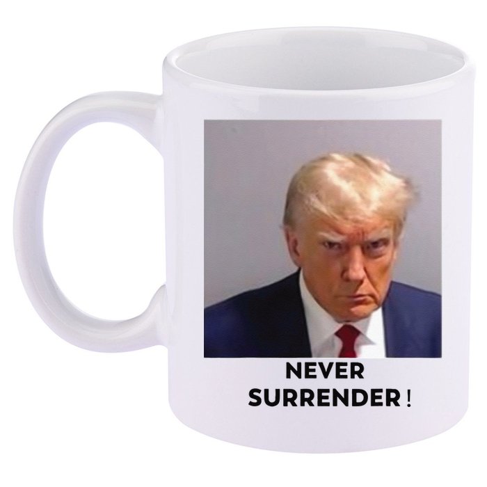 Trump Never Surrender Mug Shot 11oz C Handle Ceramic Mug