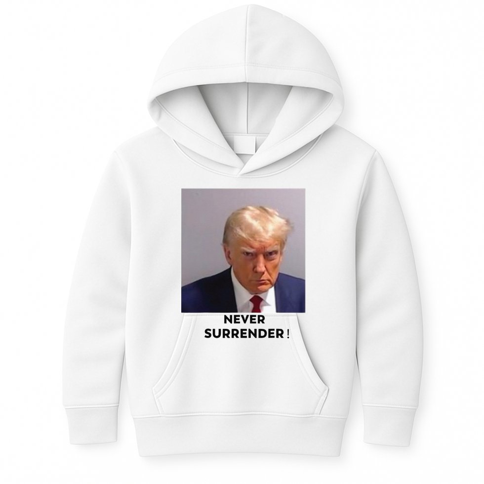 Trump Never Surrender Mug Shot Kids Hoodie