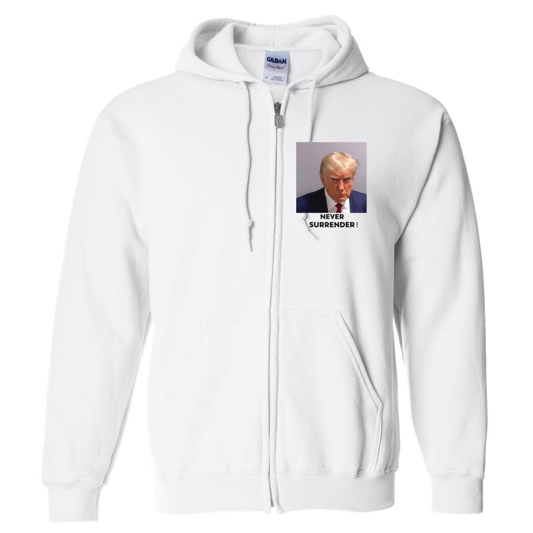 Trump Never Surrender Mug Shot Full Zip Hoodie