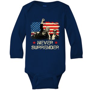 Trump Never Surrender American Flag Pennsylvania Trump Rally Baby Long Sleeve Bodysuit