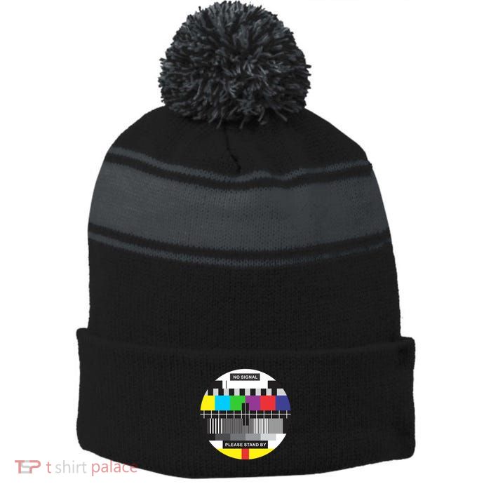 Tv No Signal Stripe Pom Pom Beanie