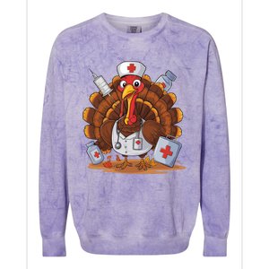 Turkey Nurse Stethoscope Thanksgiving Fall Scrub Top Women Colorblast Crewneck Sweatshirt