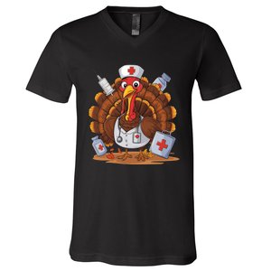 Turkey Nurse Stethoscope Thanksgiving Fall Scrub Top Women V-Neck T-Shirt