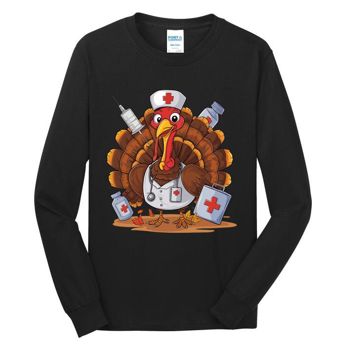 Turkey Nurse Stethoscope Thanksgiving Fall Scrub Top Women Tall Long Sleeve T-Shirt