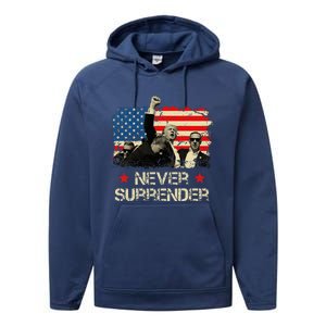 Trump Never Surrender American Flag Pennsylvania Trump Rally Performance Fleece Hoodie