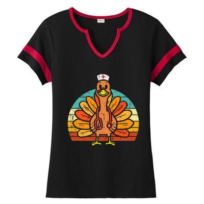 Turkey Nurse Stethoscope Thanksgiving Fall Ladies Halftime Notch Neck Tee