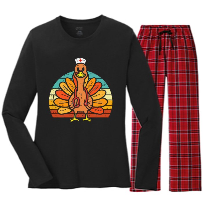 Turkey Nurse Stethoscope Thanksgiving Fall Women's Long Sleeve Flannel Pajama Set 