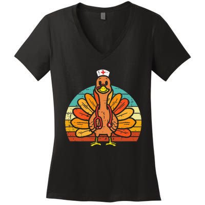 Turkey Nurse Stethoscope Thanksgiving Fall Women's V-Neck T-Shirt