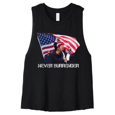 Trump Never Surrender Bold 2024 Design Women's Racerback Cropped Tank