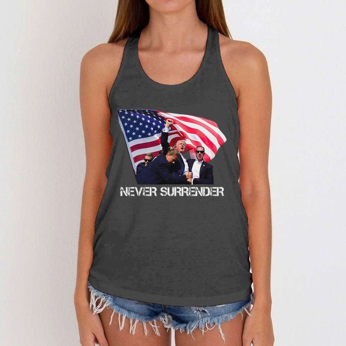 Trump Never Surrender Bold 2024 Design Women's Knotted Racerback Tank