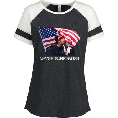 Trump Never Surrender Bold 2024 Design Enza Ladies Jersey Colorblock Tee