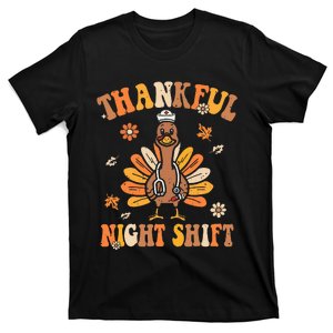 Thankful Night Shift Nurse Groovy Thanksgiving Turkey Nurse T-Shirt