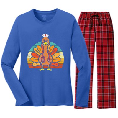 Turkey Nurse Stethoscope Thanksgiving Nurses Rn Icu Er Gift Women's Long Sleeve Flannel Pajama Set 