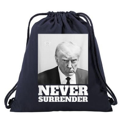 Trump Never Surrender Mug Shot Drawstring Bag