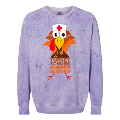 Thanksgiving Nurse Turkey Scrubs Rubber Gloves Colorblast Crewneck Sweatshirt