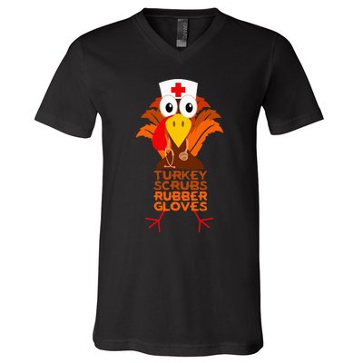 Thanksgiving Nurse Turkey Scrubs Rubber Gloves V-Neck T-Shirt