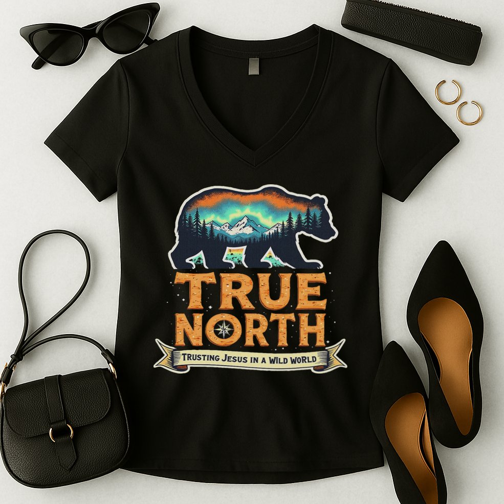 True North Vbs 2025 Christian Trusting Jesus Wilderness Women's V-Neck T-Shirt