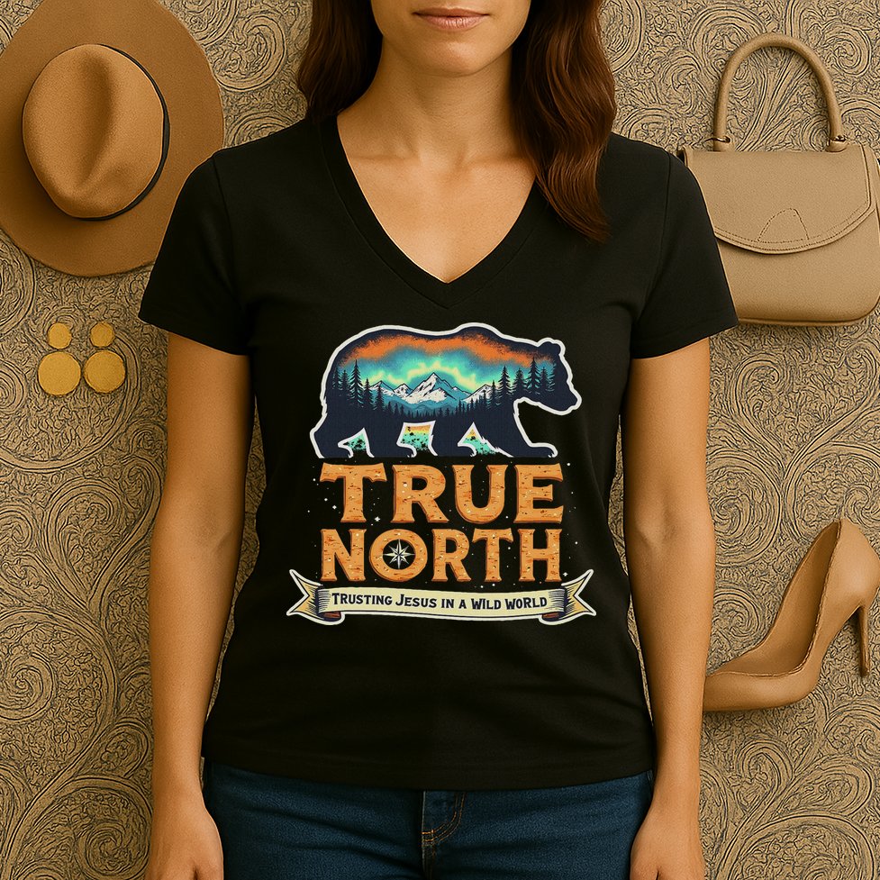 True North Vbs 2025 Christian Trusting Jesus Wilderness Women's V-Neck T-Shirt