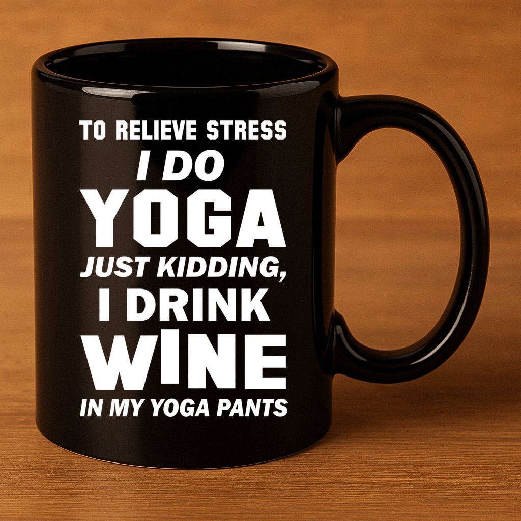 To Relieve Stress I Drink Wine In My Yoga Pants 11oz C Handle Ceramic Mug