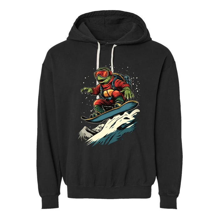 Turtle On A Snowboard Snowboarding Garment-Dyed Fleece Hoodie