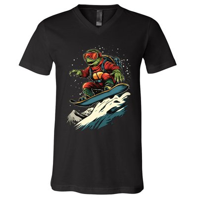 Turtle On A Snowboard Snowboarding V-Neck T-Shirt