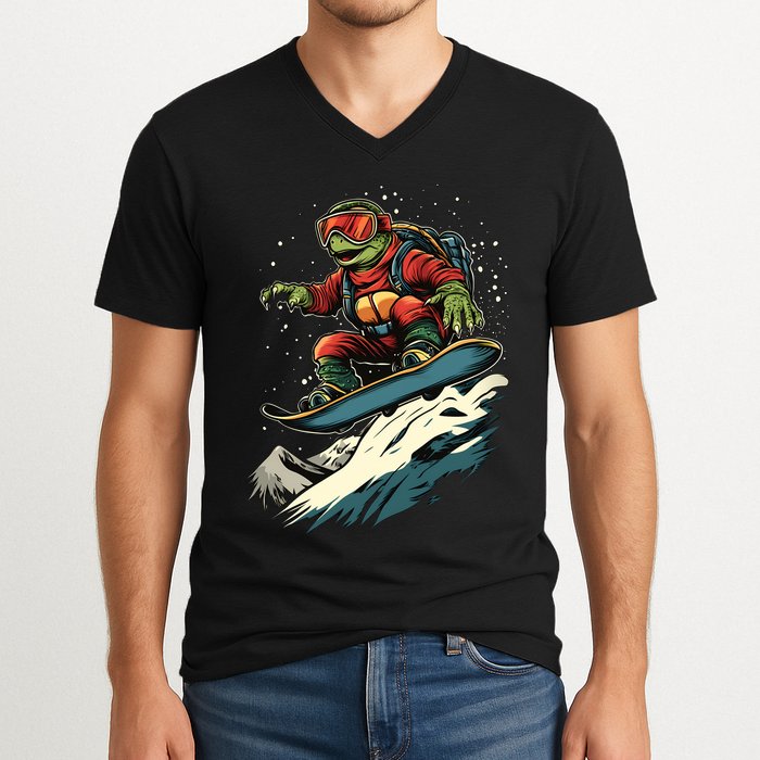 Turtle On A Snowboard Snowboarding V-Neck T-Shirt