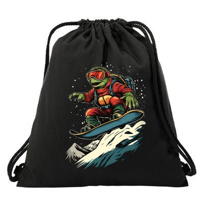 Turtle On A Snowboard Snowboarding Drawstring Bag