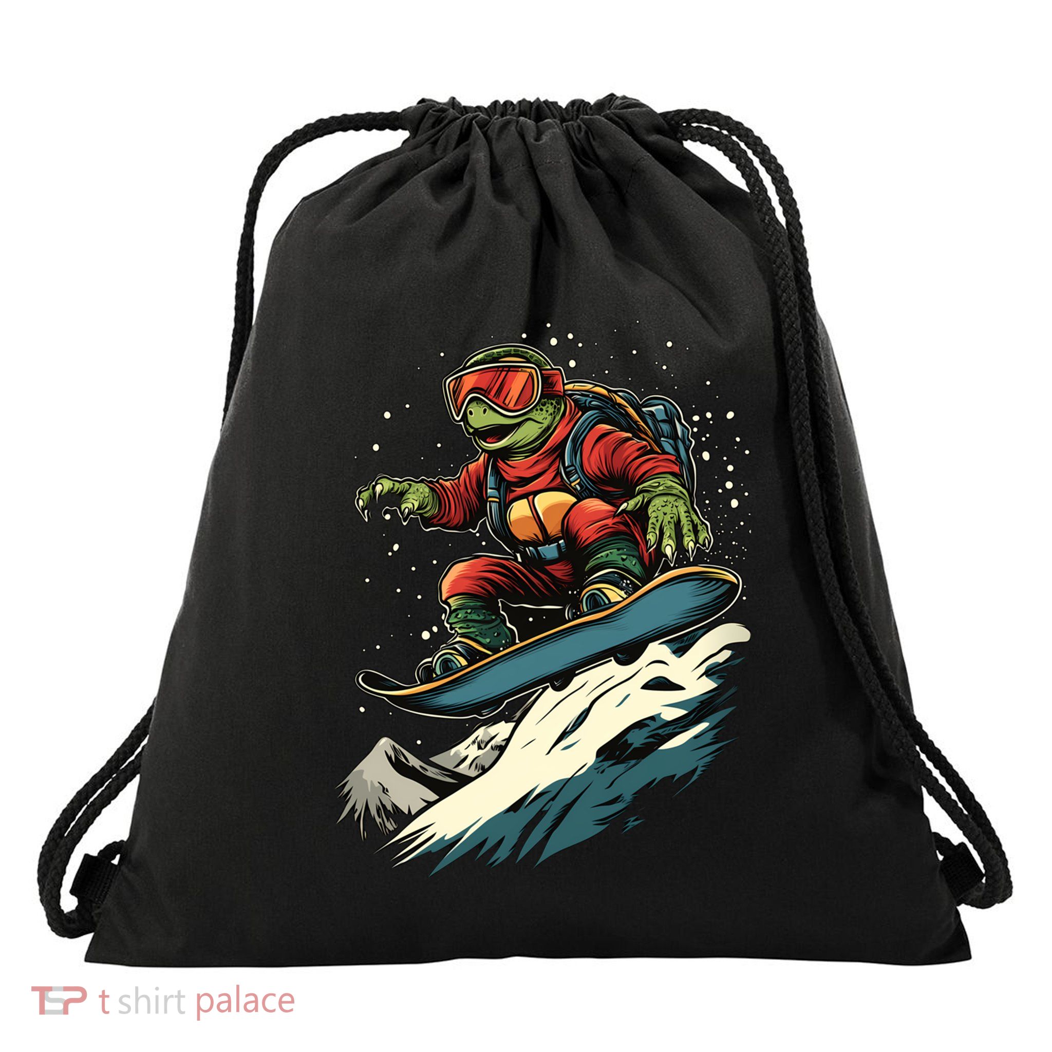 Turtle On A Snowboard Snowboarding Drawstring Bag