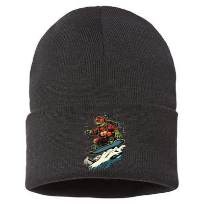 Turtle On A Snowboard Snowboarding Sustainable Knit Beanie