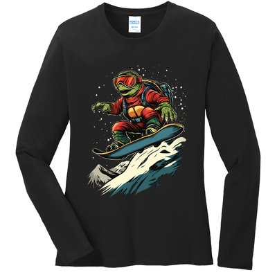 Turtle On A Snowboard Snowboarding Ladies Long Sleeve Shirt