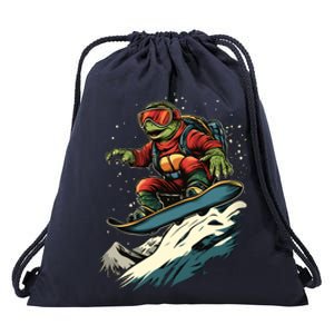 Turtle On A Snowboard Snowboarding Drawstring Bag