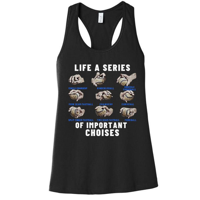 Types of Baseball Pitches Life Choices Pitcher Player Women's Racerback Tank