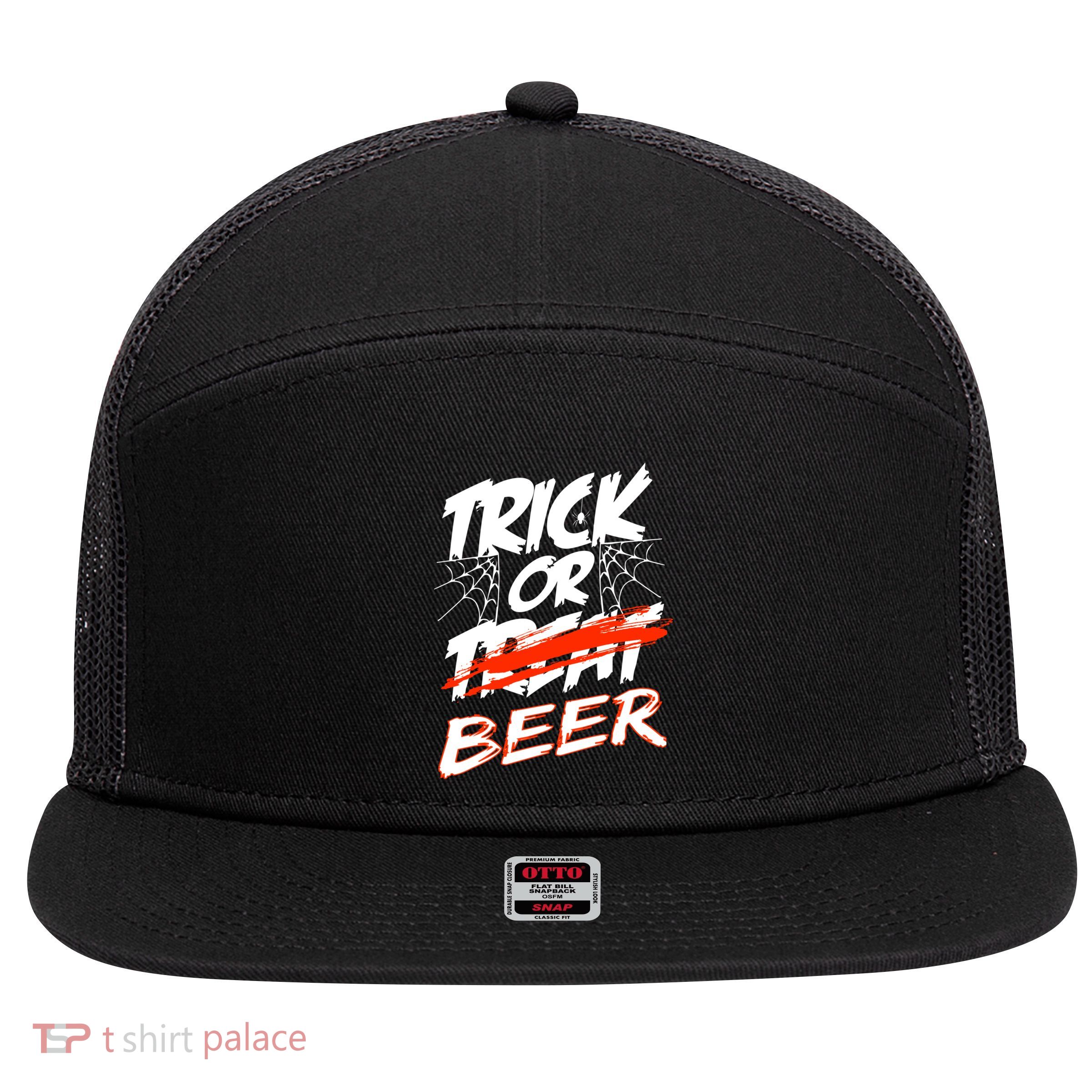 Trick Or Beer Funny Halloween Beer Drinking 7 Panel Mesh Trucker Snapback Hat