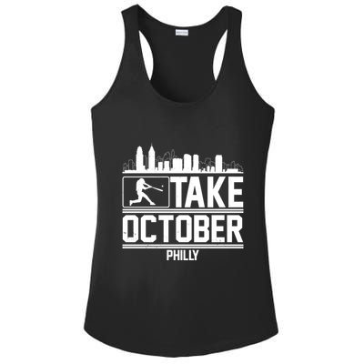 Take October Baseball Fan Philadelphia Skyline Ladies PosiCharge Competitor Racerback Tank