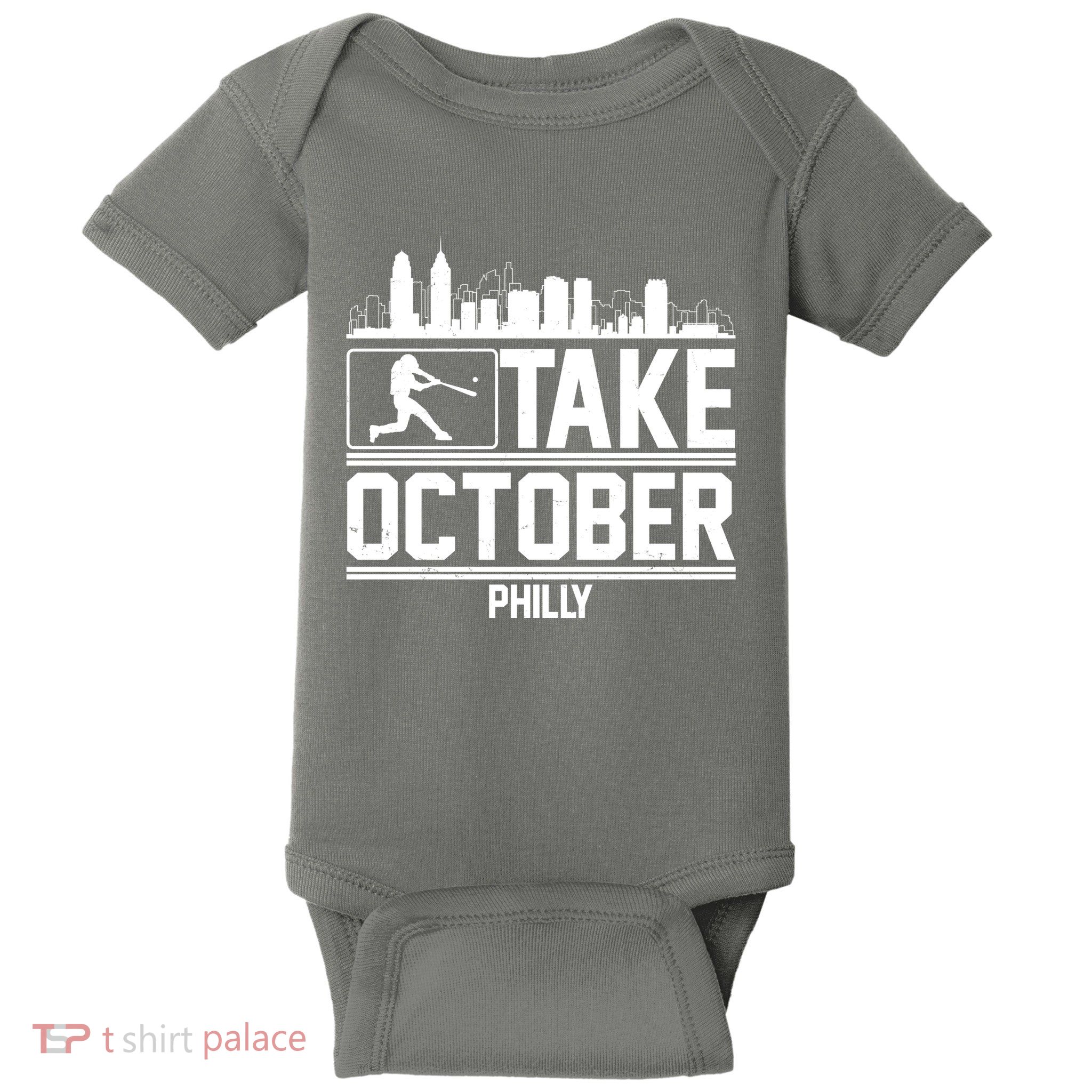 Take October Baseball Fan Philadelphia Skyline Baby Bodysuit