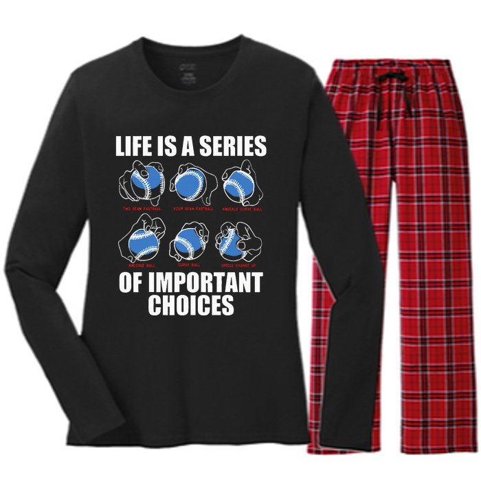 Types of Baseball Pitches Life Choices Pitcher Player Gift Women's Long Sleeve Flannel Pajama Set 