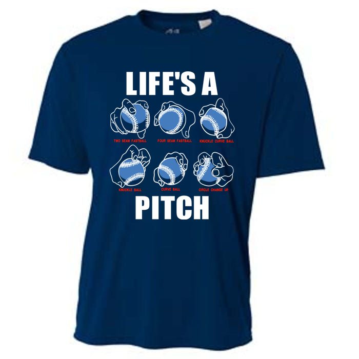 Types of Baseball Pitches Life's A Pitch Pitcher Player Gift Cooling Performance Crew T-Shirt