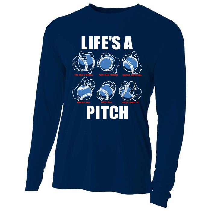 Types of Baseball Pitches Life's A Pitch Pitcher Player Gift Cooling Performance Long Sleeve Crew