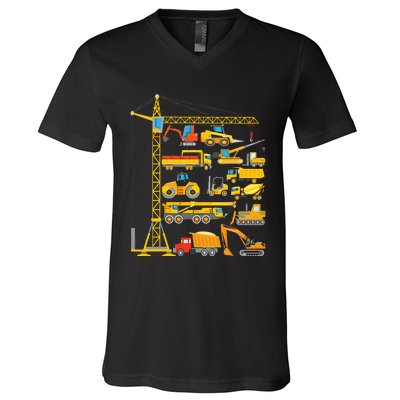 Types Of Construction Excavator Bulldozer Truck Crane V-Neck T-Shirt