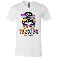 Teacher Off Duty Messy Bun Rainbow Sunglasses End Of Schoo V-Neck T-Shirt