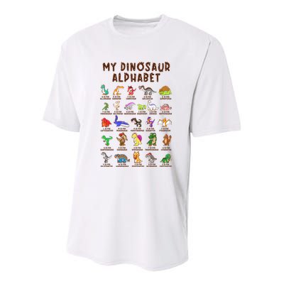 Types Of Dinosaurs Alphabet Dino Identification Meaningful Gift Youth Performance Sprint T-Shirt