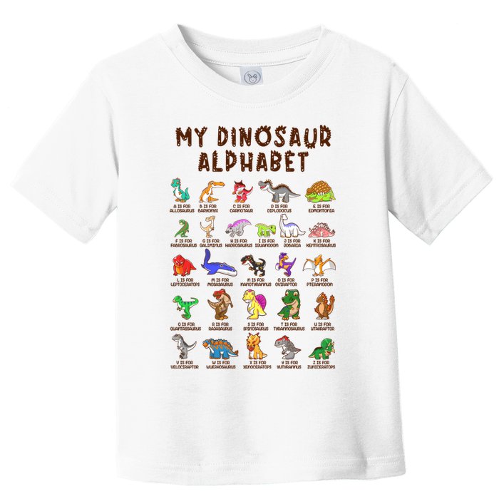Types Of Dinosaurs Alphabet Dino Identification Meaningful Gift Toddler T-Shirt