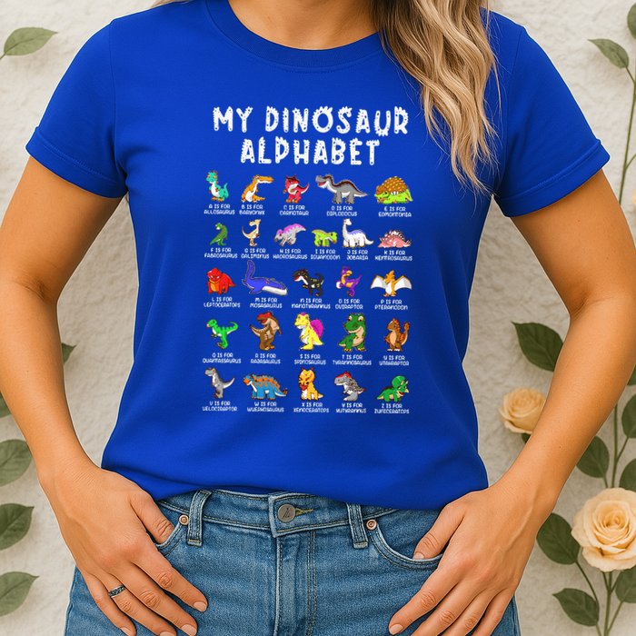 Types Of Dinosaurs Alphabet Dino Identification Womens T-Shirt