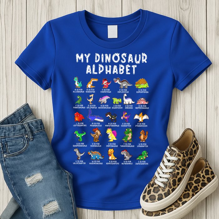 Types Of Dinosaurs Alphabet Dino Identification Womens T-Shirt