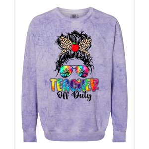 Teacher Off Duty Leopard Messy Bun Last Day School Tie Dye Colorblast Crewneck Sweatshirt