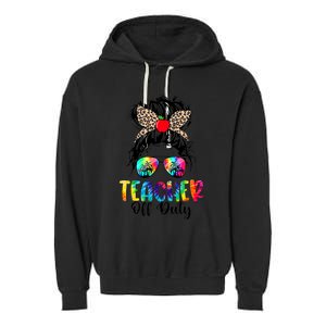 Teacher Off Duty Leopard Messy Bun Last Day School Tie Dye Garment-Dyed Fleece Hoodie