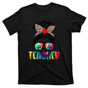 Teacher Off Duty Leopard Messy Bun Last Day School Tie Dye T-Shirt